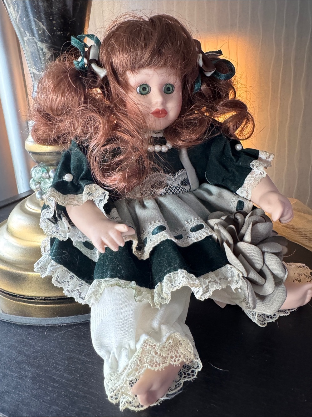Vintage Porcelain Doll • Emerald Green Lace Dress • Collectible Décor